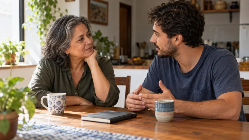 Mulher de cabelos grisalhos e homem adulto conversam à mesa de casa, com duas xícaras e um caderno fechado.