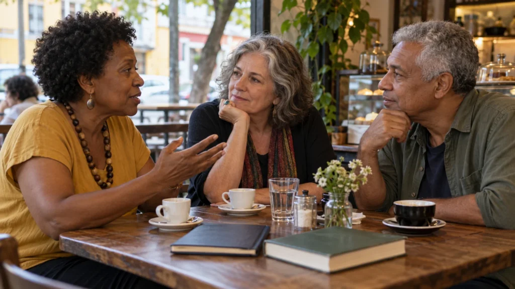 Duas mulheres e um homem de cabelos grisalhos conversam à mesa de um café, com xícaras, um livro e um caderno.
