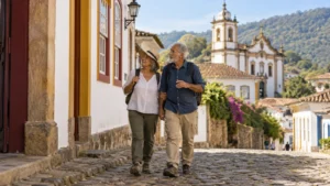 Casal de cabelos grisalhos caminha por uma rua de pedras e observa o casario colonial, com uma igreja e morros ao fundo, à luz do dia.